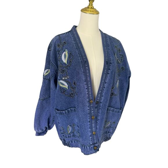 Vintage Embroidered Denim Jean Jacket Boho Chic Whimsical Artisnal Streetwear - Picture 2 of 15